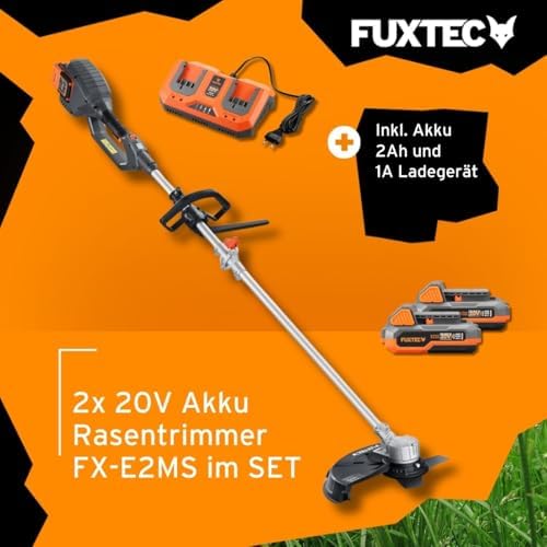 FUXTEC Akku Motorsense 2x20V FX-E2MSSET – Leichtes Gartengerät mit 25,5-35cm Schnittbreite für effizientes Rasenpflegen