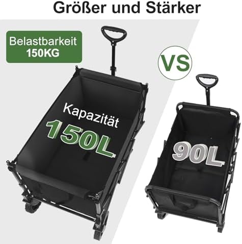 Sekey XXL Faltbarer Bollerwagen mit Dach – 150L, 150KG, ideal für Strand & Camping-Ausflüge, Schwarz