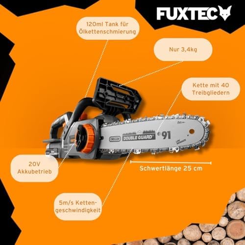 FUXTEC Akku Kettensäge 20V FX-E1KS20 – 10" Schwert für Garten- und Holzarbeiten, 5 m/s Kettengeschwindigkeit