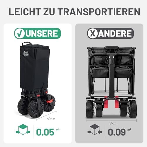 TIMBER RIDGE XXL Bollerwagen Faltbar 200L mit Breitreifen, Handwagen für Strand & Camping, 100kg Tragfähigkeit, inklusiv