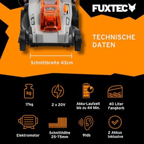 FUXTEC 40V Akku Rasenmäher E2RM37 – 37cm Schnittbreite, kabellos & variabel einstellbare Schnitthöhe für einen perfekten