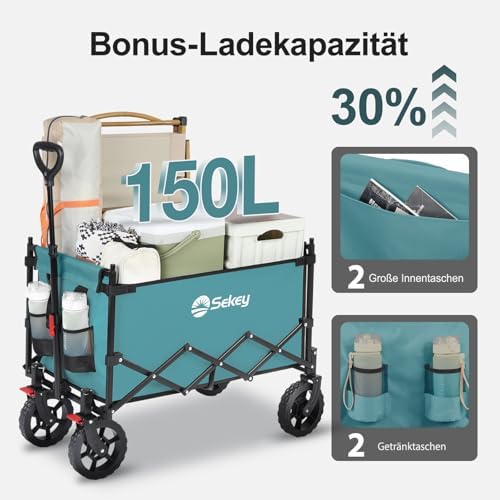 Sekey XXL Faltbarer Bollerwagen mit Dach – 150L, 150KG, ideal für Strand & Camping-Ausflüge, Schwarz