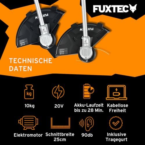 FUXTEC Akku Motorsense 2x20V FX-E2MSSET – Leichtes Gartengerät mit 25,5-35cm Schnittbreite für effizientes Rasenpflegen