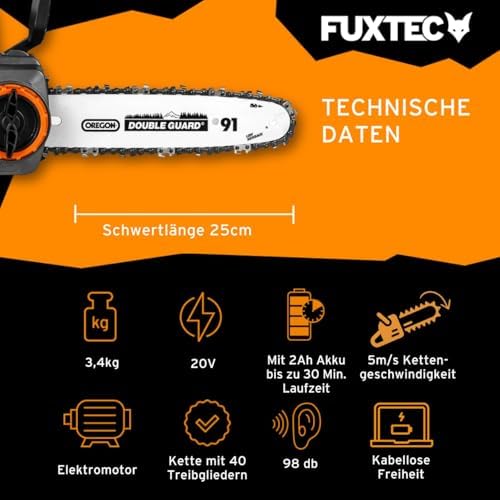 FUXTEC Akku Kettensäge 20V FX-E1KS20 – 10" Schwert für Garten- und Holzarbeiten, 5 m/s Kettengeschwindigkeit