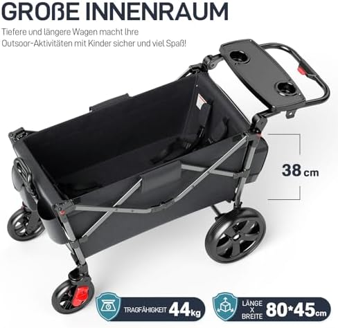 EVER ADVANCED Faltbarer Bollerwagen für 2 Kinder mit Dach & Sicherheitsgurten, ideal für Ausflüge