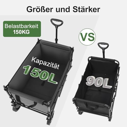 Sekey XXL Faltbarer Bollerwagen mit Dach – 150L, 150KG, ideal für Strand & Camping-Ausflüge, Schwarz
