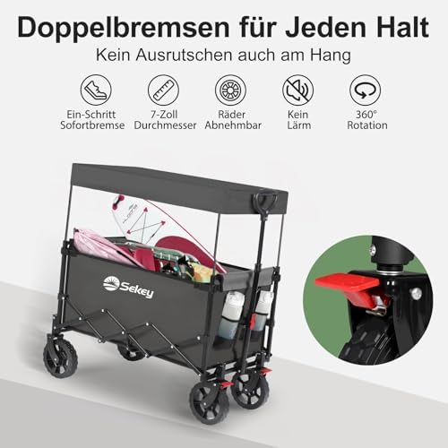 Sekey XXL Faltbarer Bollerwagen mit Dach – 150L, 150KG, ideal für Strand & Camping-Ausflüge, Schwarz