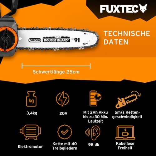 FUXTEC Akku Kettensäge 20V FX-E1KS20 – 10" Schwert für Garten- und Holzarbeiten, 5 m/s Kettengeschwindigkeit