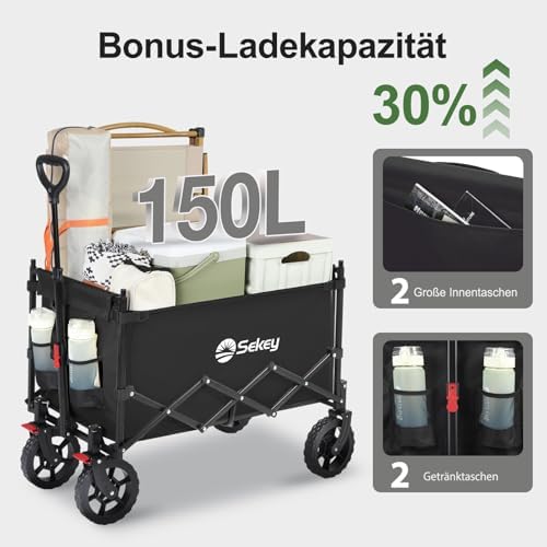 Sekey XXL Faltbarer Bollerwagen mit Dach – 150L, 150KG, ideal für Strand & Camping-Ausflüge, Schwarz