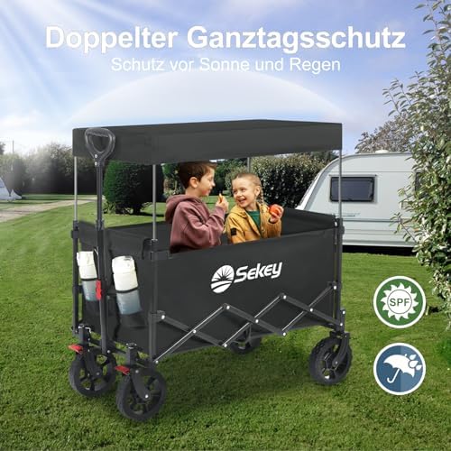 Sekey XXL Faltbarer Bollerwagen mit Dach – 150L, 150KG, ideal für Strand & Camping-Ausflüge, Schwarz