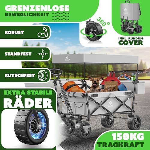 KESSER® Bollerwagen GT9000 faltbar mit Dach | 150kg belastbar, Hartgummi-Räder, ideal für Ausflüge