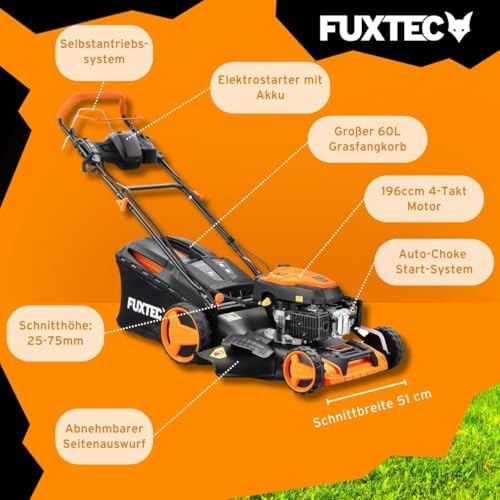 FUXTEC 4in1 Benzin Rasenmäher FX-RM5170eS – E-Start Gartenmäher mit 51 cm Schnittbreite und Seitenauswurf für müheloses