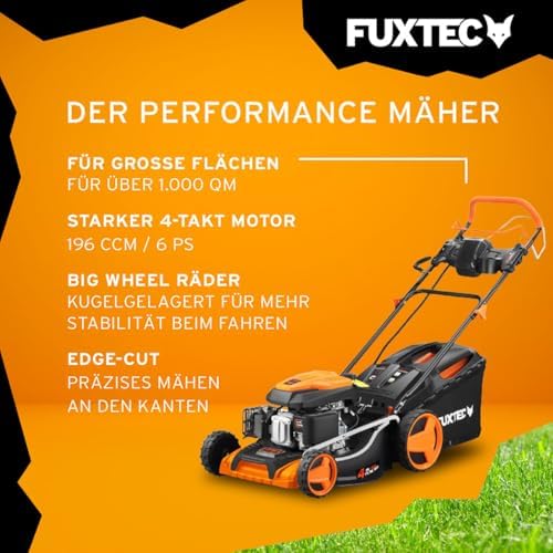FUXTEC 4in1 Benzin Rasenmäher FX-RM5170eS – E-Start Gartenmäher mit 51 cm Schnittbreite und Seitenauswurf für müheloses