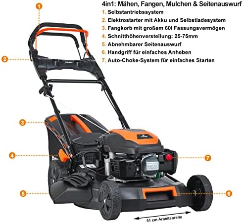 FUXTEC 4in1 Benzin Rasenmäher FX-RM5170eS – E-Start Gartenmäher mit 51 cm Schnittbreite und Seitenauswurf für müheloses