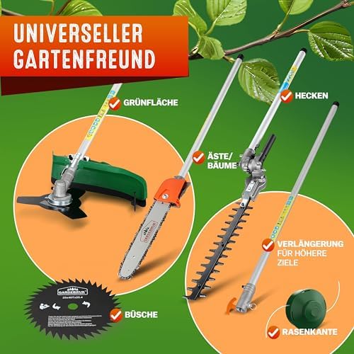GARDEBRUK® 5-in-1 Benzin Motorsense mit Hochentaster & verstellbarem Tragegurt für effiziente Gartenpflege