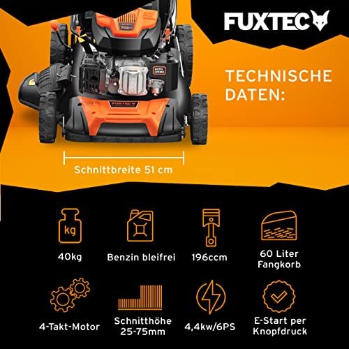 FUXTEC 4in1 Benzin Rasenmäher FX-RM5170eS – E-Start Gartenmäher mit 51 cm Schnittbreite und Seitenauswurf für müheloses