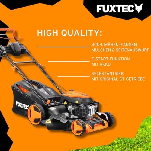 FUXTEC 4in1 Benzin Rasenmäher FX-RM5170eS – E-Start Gartenmäher mit 51 cm Schnittbreite und Seitenauswurf für müheloses