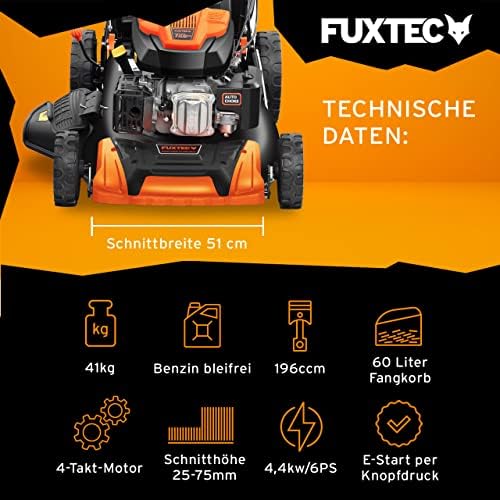 FUXTEC 4in1 Benzin Rasenmäher FX-RM5170eS – E-Start Gartenmäher mit 51 cm Schnittbreite und Seitenauswurf für müheloses