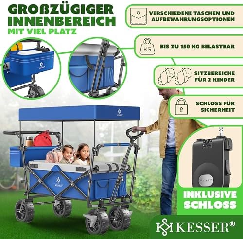 KESSER® Bollerwagen GT9000 faltbar mit Dach | 150kg belastbar, Hartgummi-Räder, ideal für Ausflüge