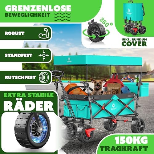 KESSER® Bollerwagen GT9000 faltbar mit Dach | 150kg belastbar, Hartgummi-Räder, ideal für Ausflüge