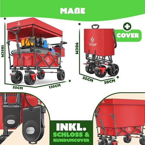 KESSER® Bollerwagen GT9000 faltbar mit Dach | 150kg belastbar, Hartgummi-Räder, ideal für Ausflüge