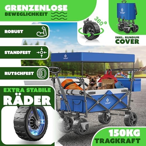 KESSER® Bollerwagen GT9000 faltbar mit Dach | 150kg belastbar, Hartgummi-Räder, ideal für Ausflüge