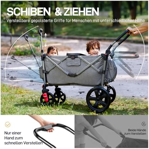 EVER ADVANCED Faltbarer Bollerwagen für 2 Kinder mit Dach & Sicherheitsgurten, ideal für Ausflüge