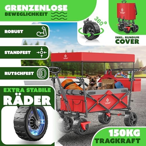 KESSER® Bollerwagen GT9000 faltbar mit Dach | 150kg belastbar, Hartgummi-Räder, ideal für Ausflüge