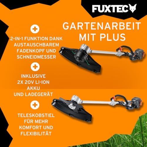 FUXTEC Akku Motorsense 2x20V FX-E2MSSET – Leichtes Gartengerät mit 25,5-35cm Schnittbreite für effizientes Rasenpflegen