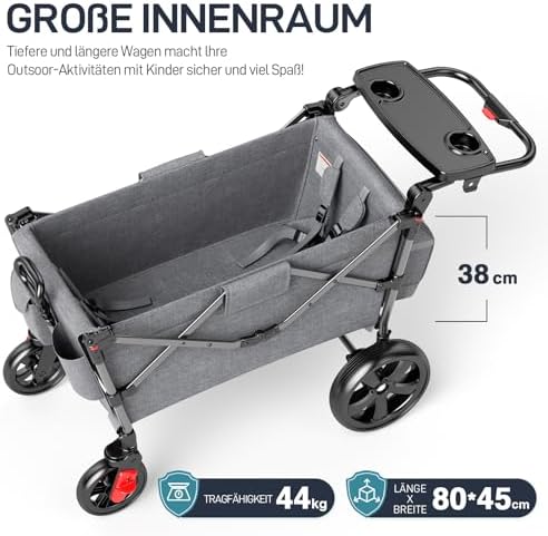 EVER ADVANCED Faltbarer Bollerwagen für 2 Kinder mit Dach & Sicherheitsgurten, ideal für Ausflüge