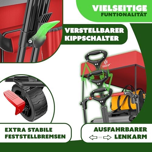 KESSER® Bollerwagen GT9000 faltbar mit Dach | 150kg belastbar, Hartgummi-Räder, ideal für Ausflüge