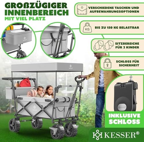 KESSER® Bollerwagen GT9000 faltbar mit Dach | 150kg belastbar, Hartgummi-Räder, ideal für Ausflüge