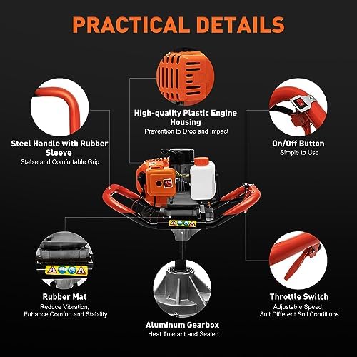 52CC Benzin-Erdlochbohrer für Gartenprojekte – 2-Takt Handbohrer mit 3 Bohrdurchmessern und 1.2L Kraftstofftank