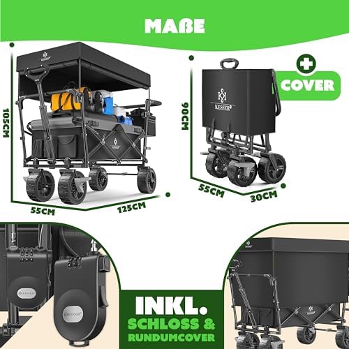 KESSER® Bollerwagen GT9000 faltbar mit Dach | 150kg belastbar, Hartgummi-Räder, ideal für Ausflüge