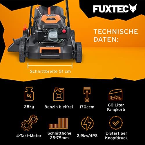 FUXTEC 4in1 Benzin Rasenmäher FX-RM5170eS – E-Start Gartenmäher mit 51 cm Schnittbreite und Seitenauswurf für müheloses