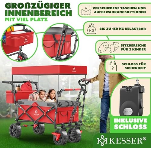 KESSER® Bollerwagen GT9000 faltbar mit Dach | 150kg belastbar, Hartgummi-Räder, ideal für Ausflüge