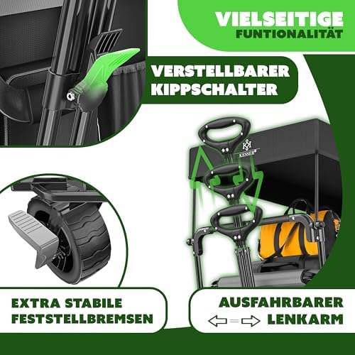 KESSER® Bollerwagen GT9000 faltbar mit Dach | 150kg belastbar, Hartgummi-Räder, ideal für Ausflüge