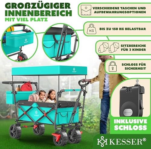 KESSER® Bollerwagen GT9000 faltbar mit Dach | 150kg belastbar, Hartgummi-Räder, ideal für Ausflüge