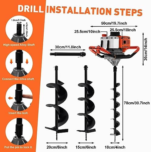 52CC Benzin-Erdlochbohrer für Gartenprojekte – 2-Takt Handbohrer mit 3 Bohrdurchmessern und 1.2L Kraftstofftank