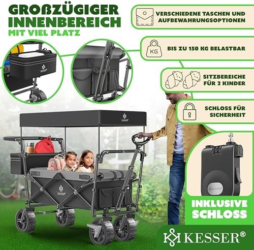 KESSER® Bollerwagen GT9000 faltbar mit Dach | 150kg belastbar, Hartgummi-Räder, ideal für Ausflüge