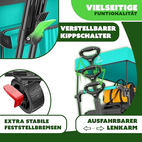 KESSER® Bollerwagen GT9000 faltbar mit Dach | 150kg belastbar, Hartgummi-Räder, ideal für Ausflüge