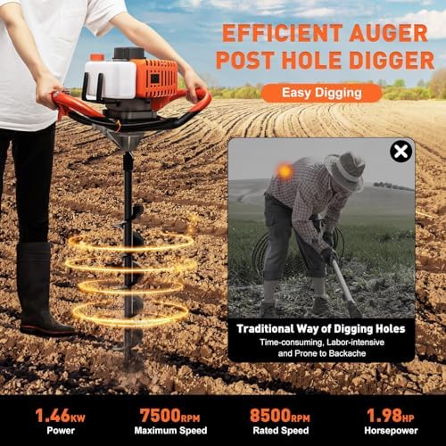 Benzin-Erdbohrer 52cc mit 3 Bohrern (100/150/200mm) | 1,98PS & 108cm Bohrtiefe – ideal für Gartenbau & Pfahlsetzung!